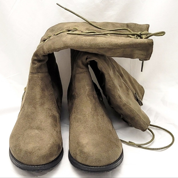 Bella Marie Olive Army Green Tall Boots Lace Up Zip - Picture 2 of 6